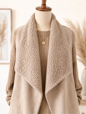 Sherpa Waterfall Vest Cream Faux Suede Open Front Boho Western Cozy